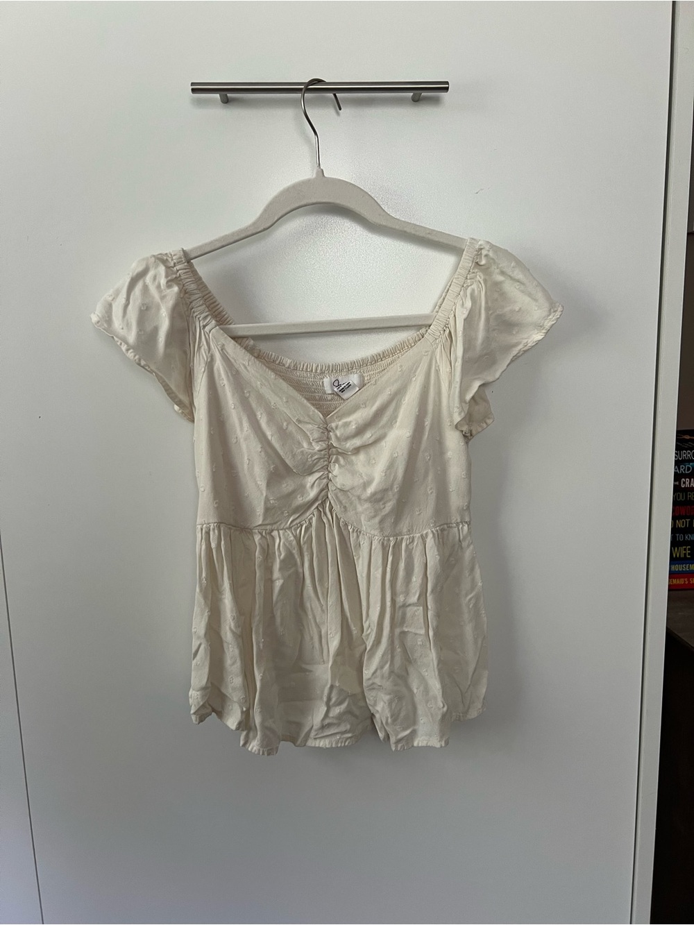 T.J.Maxx Cream Ruched Peasant Babydoll Top